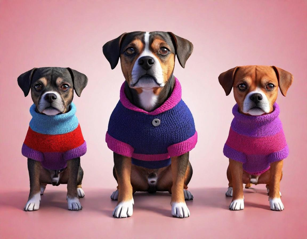 Three dogs sitting side by side, wearing colourful sweaters against a pink background.